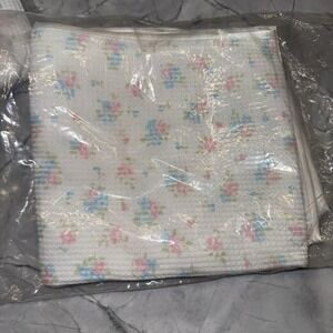 Vintage Sears Baby Blanket Waffle Weave Floral Satin Trim NEW